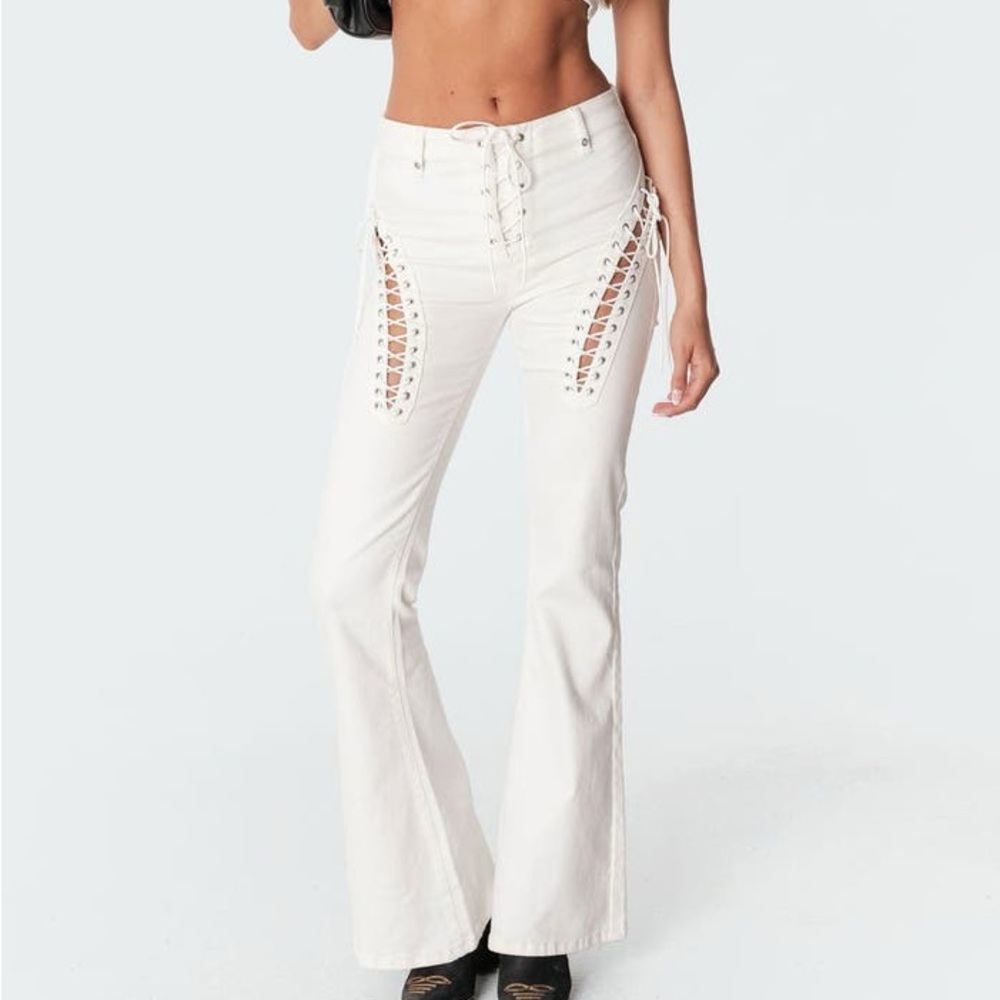 EDIKTED Engine White Lace-Up High Waist Flare Jeans